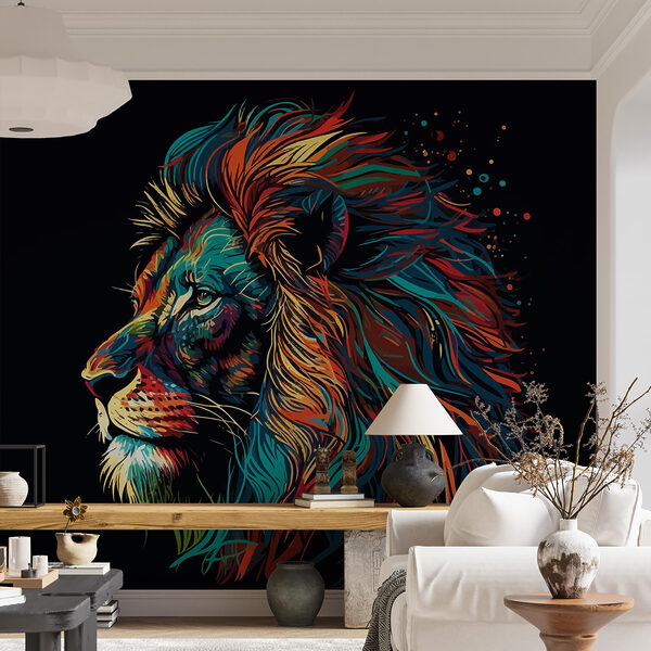 Um leão colorido com uma longa juba Um leão colorido com uma longa juba