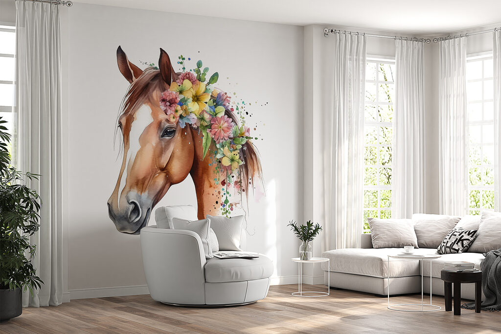Aguarela de um cavalo com flores na cabeça u98192pig28mr 1024x683 - Aguarela de um cavalo com flores na cabeça