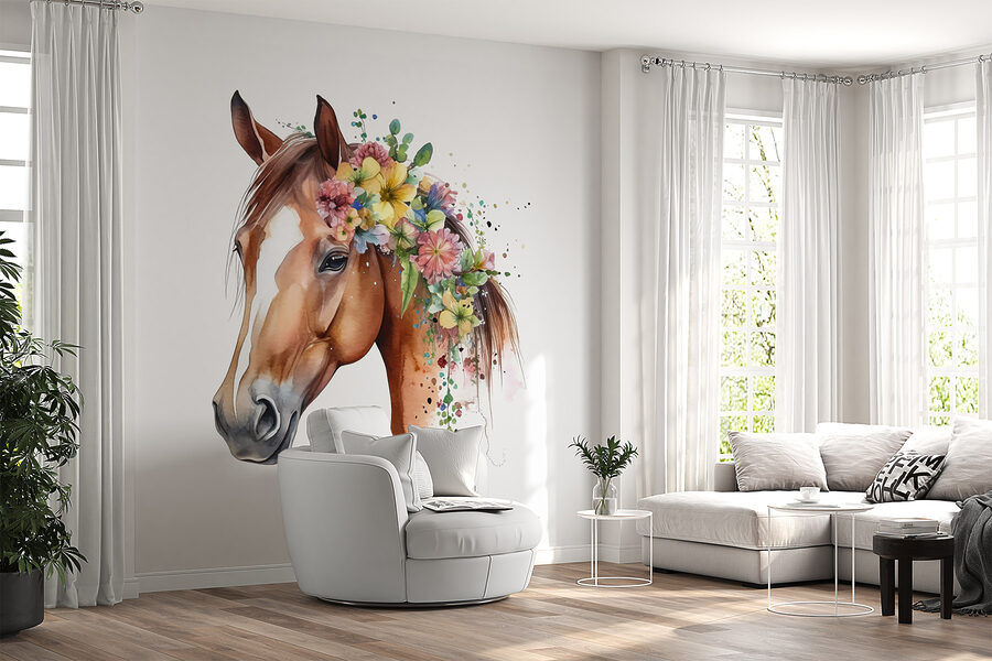 Aguarela de um cavalo com flores na cabeça