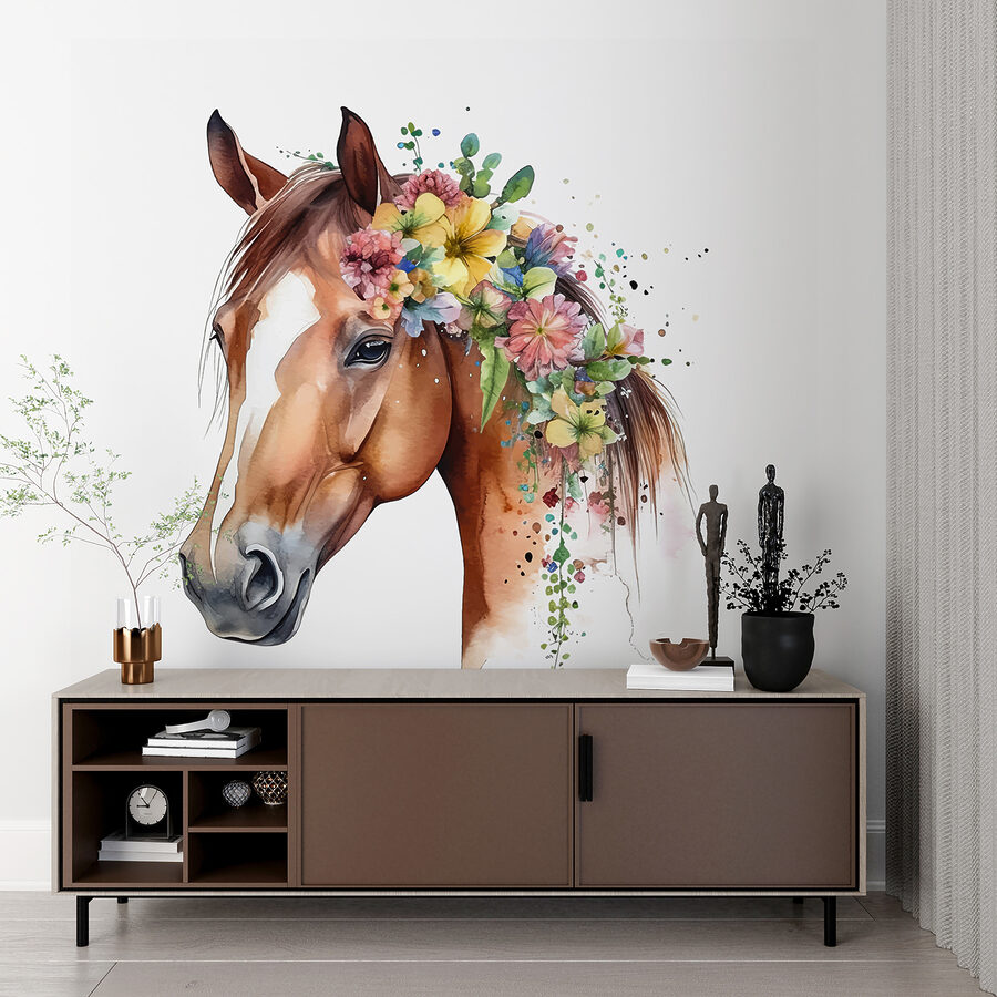 Aguarela de um cavalo com flores na cabeça