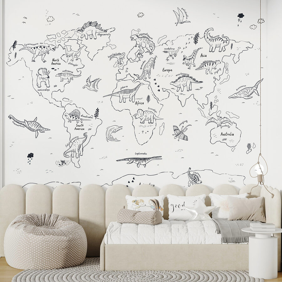 Um mapa do mundo com dinossauros