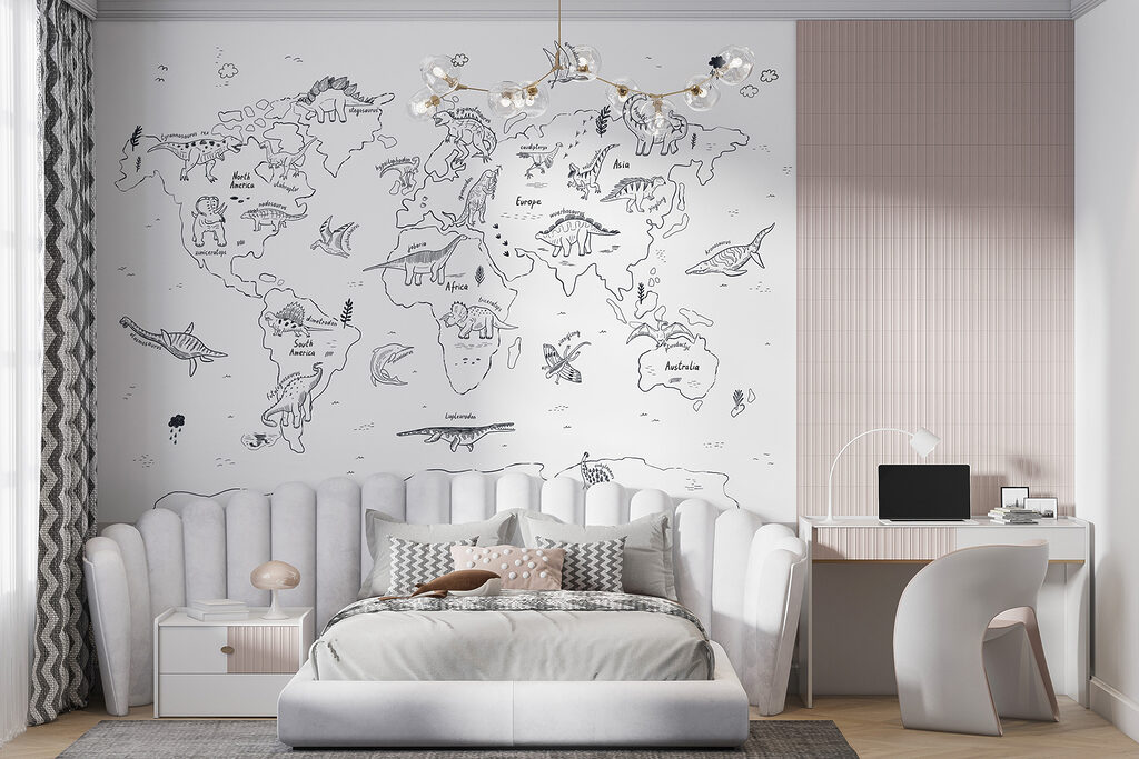 A map of the world with dinosaurs