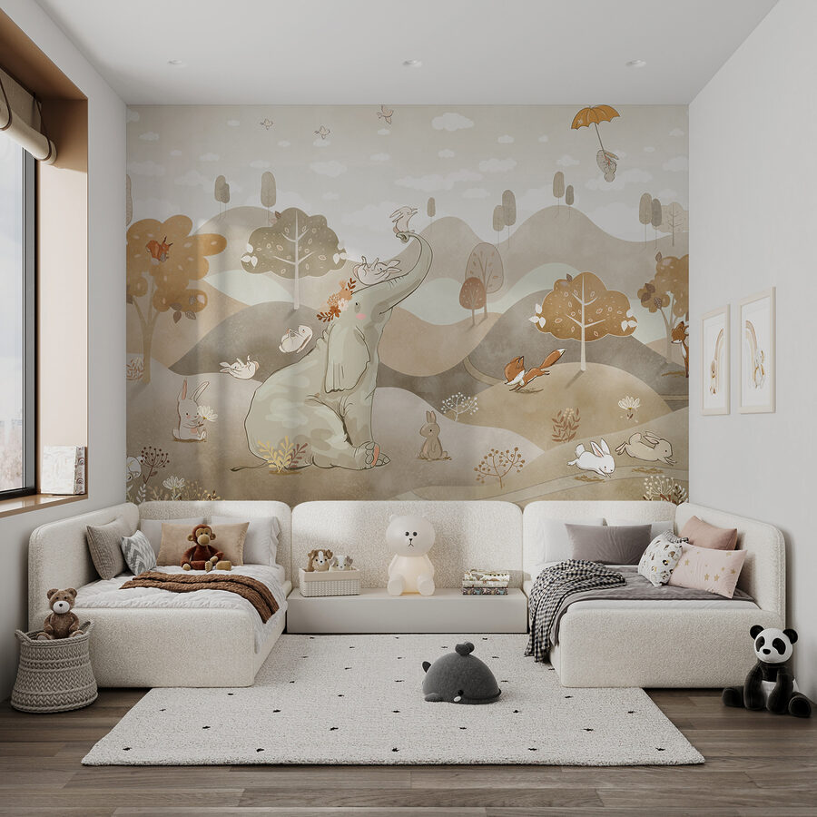 Um elefante e coelhos numa paisagem