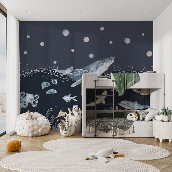 A watercolor of a whale and fish