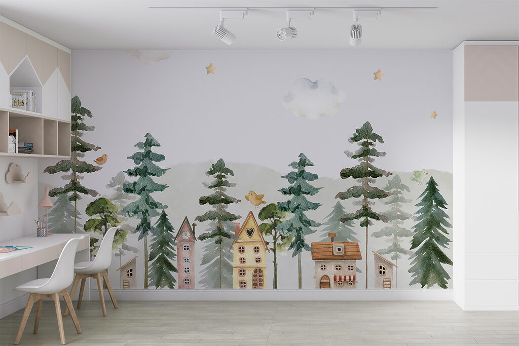 A watercolor painting of houses and trees A watercolor painting of houses and trees