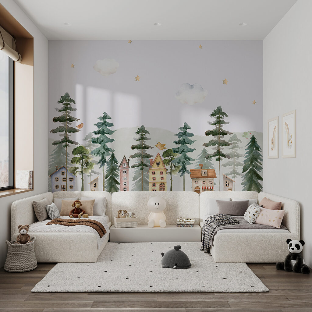 A watercolor painting of houses and trees A watercolor painting of houses and trees