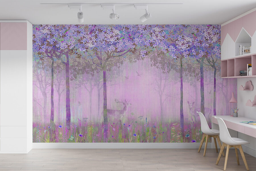 Uma pintura de uma floresta com flores
