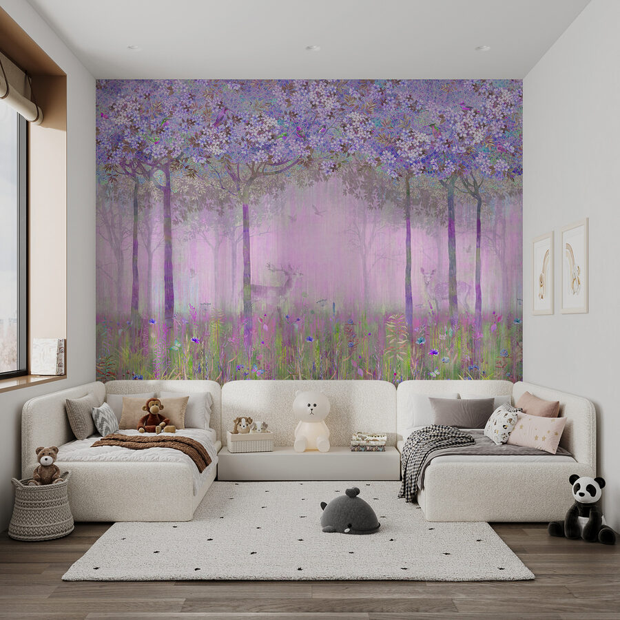 Uma pintura de uma floresta com flores