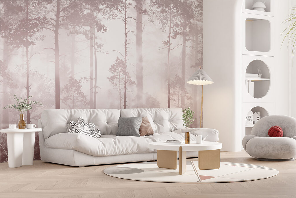 A foggy forest with tall trees