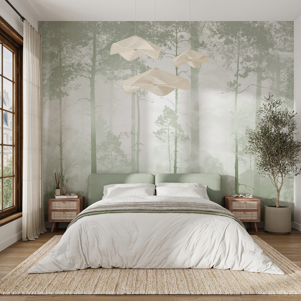 A foggy forest with tall trees A foggy forest with tall trees