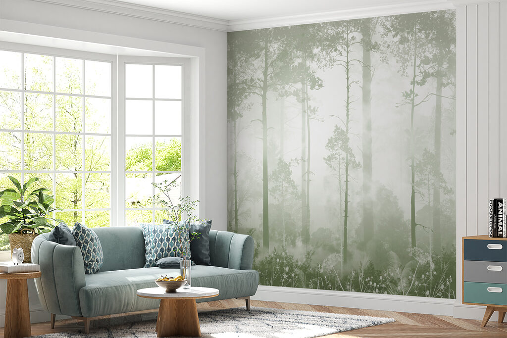 A foggy forest with tall trees A foggy forest with tall trees