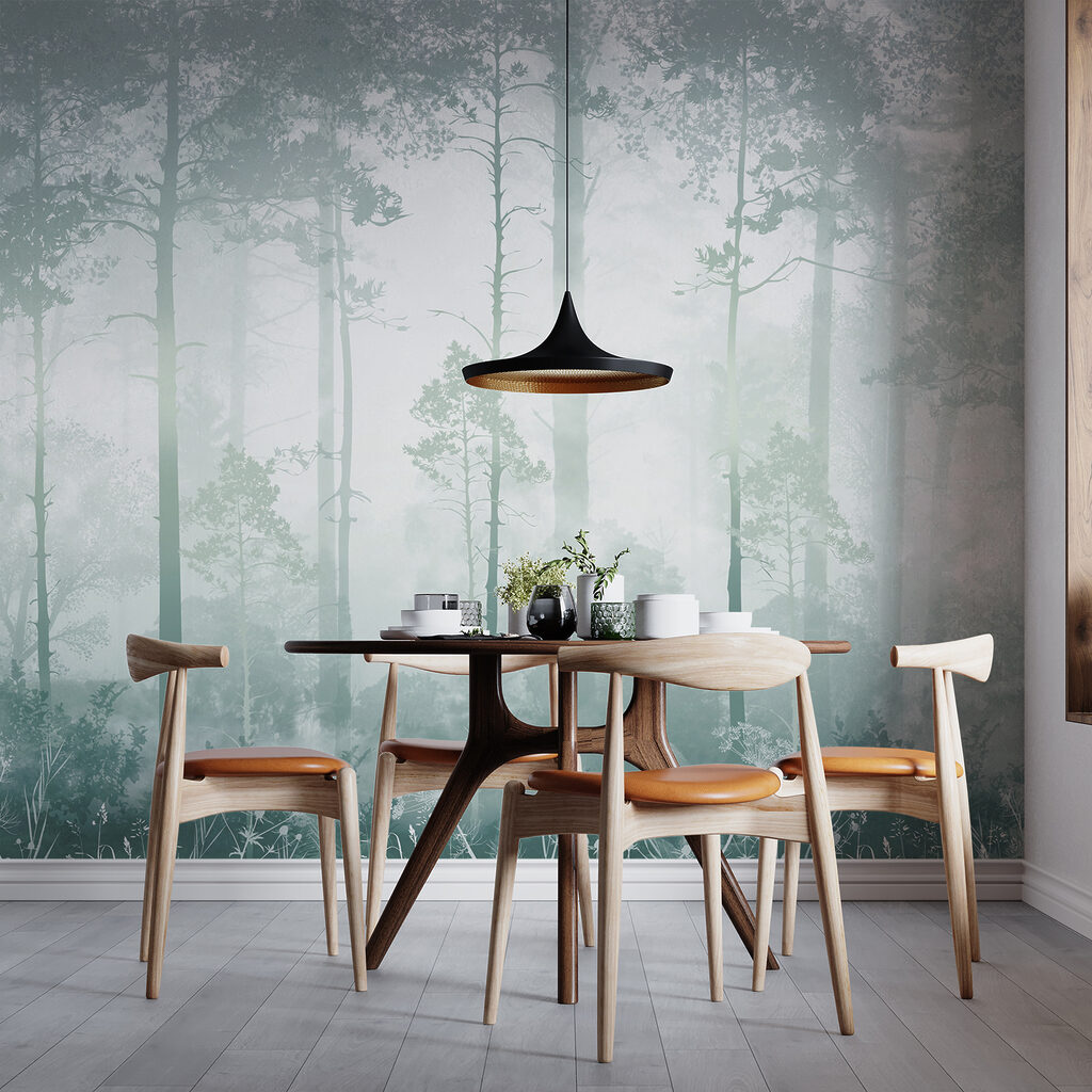 A foggy forest with tall trees A foggy forest with tall trees