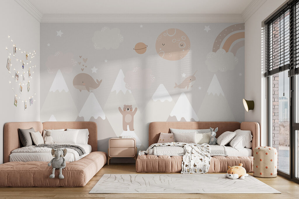 A wall mural of a cartoon landscape A wall mural of a cartoon landscape