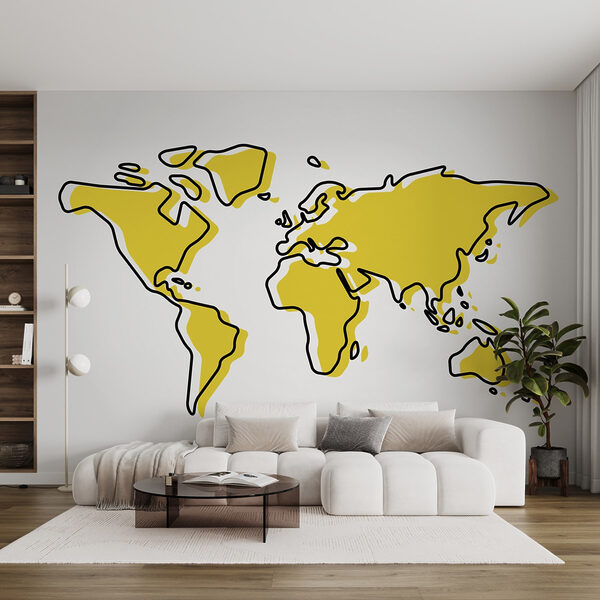 Um contorno amarelo e preto de um mapa-mundo Um contorno amarelo e preto de um mapa-mundo