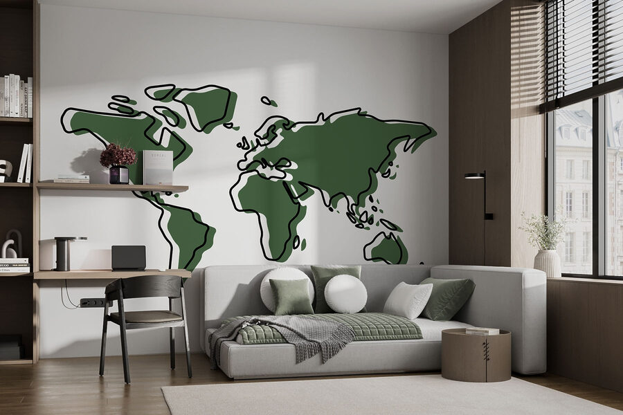 Um contorno verde e preto de um mapa-mundo