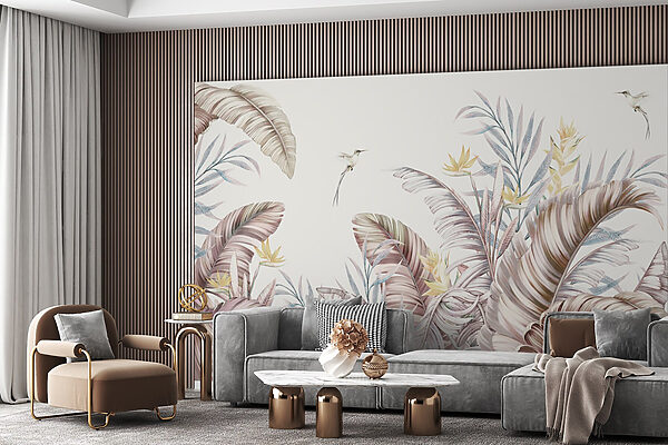 Uma pintura de plantas tropicais e aves Uma pintura de plantas tropicais e aves