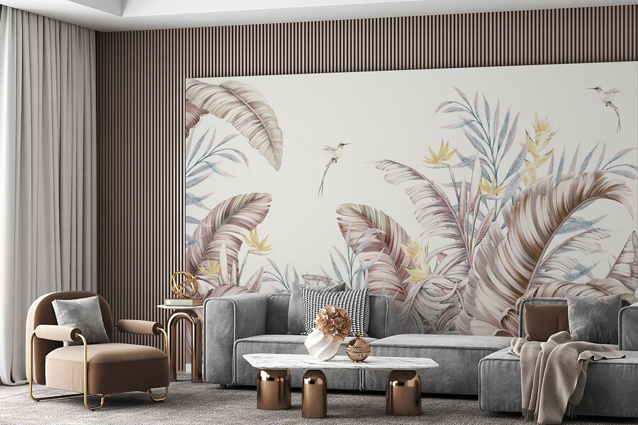 Uma pintura de plantas tropicais e aves