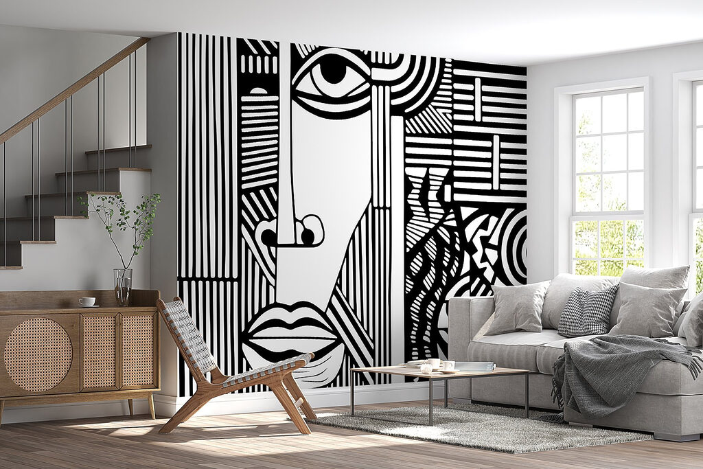 A black and white drawing of a face