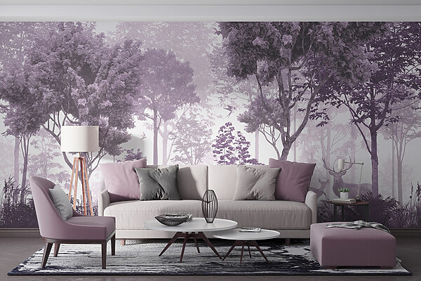 Uma imagem a roxo e branco de árvores e plantas Uma imagem a roxo e branco de árvores e plantas