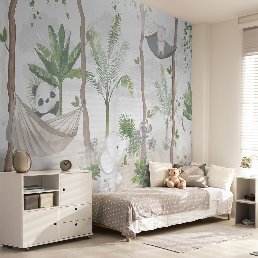 Um papel de parede com animais em redes de descanso na floresta