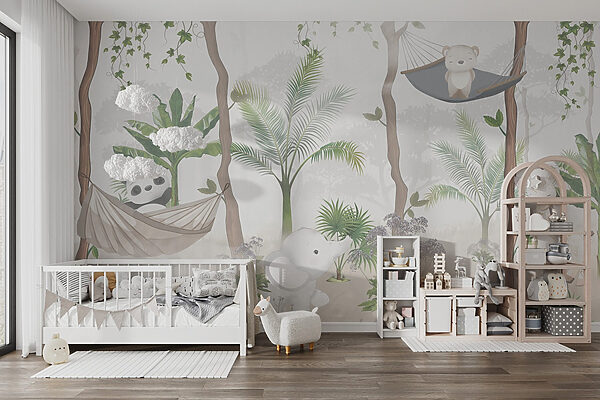 Um papel de parede com animais em redes de descanso na floresta Um papel de parede com animais em redes de descanso na floresta