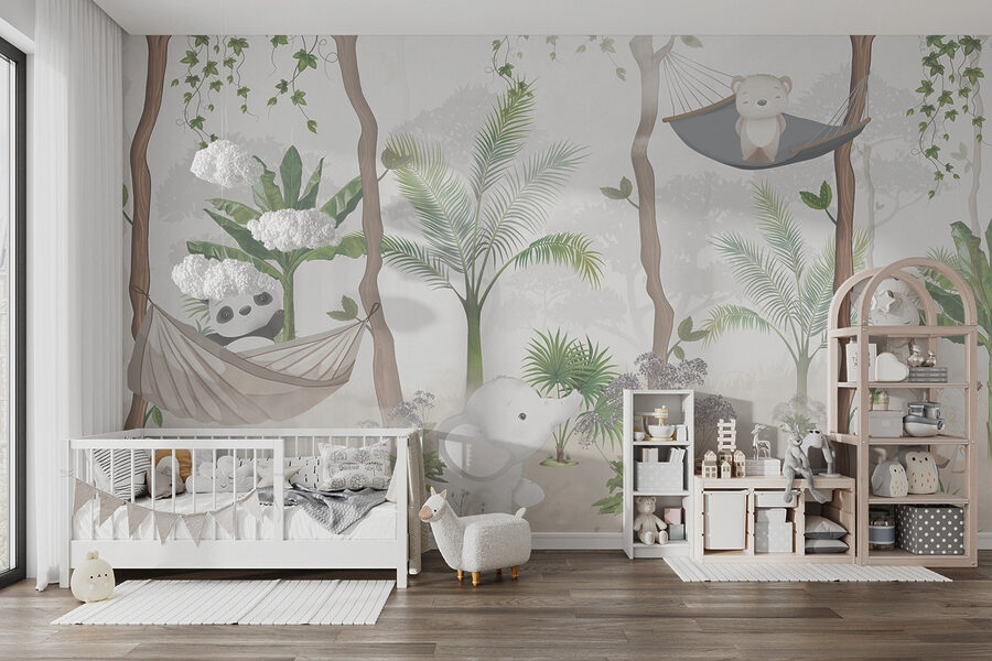 Um papel de parede com animais em redes de descanso na floresta