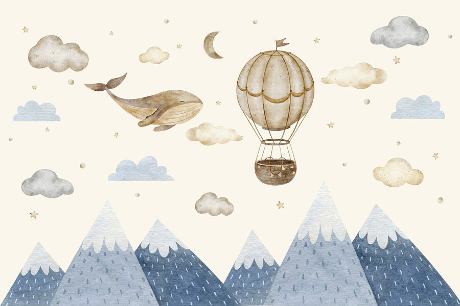 Baleia e balão de ar quente no céu