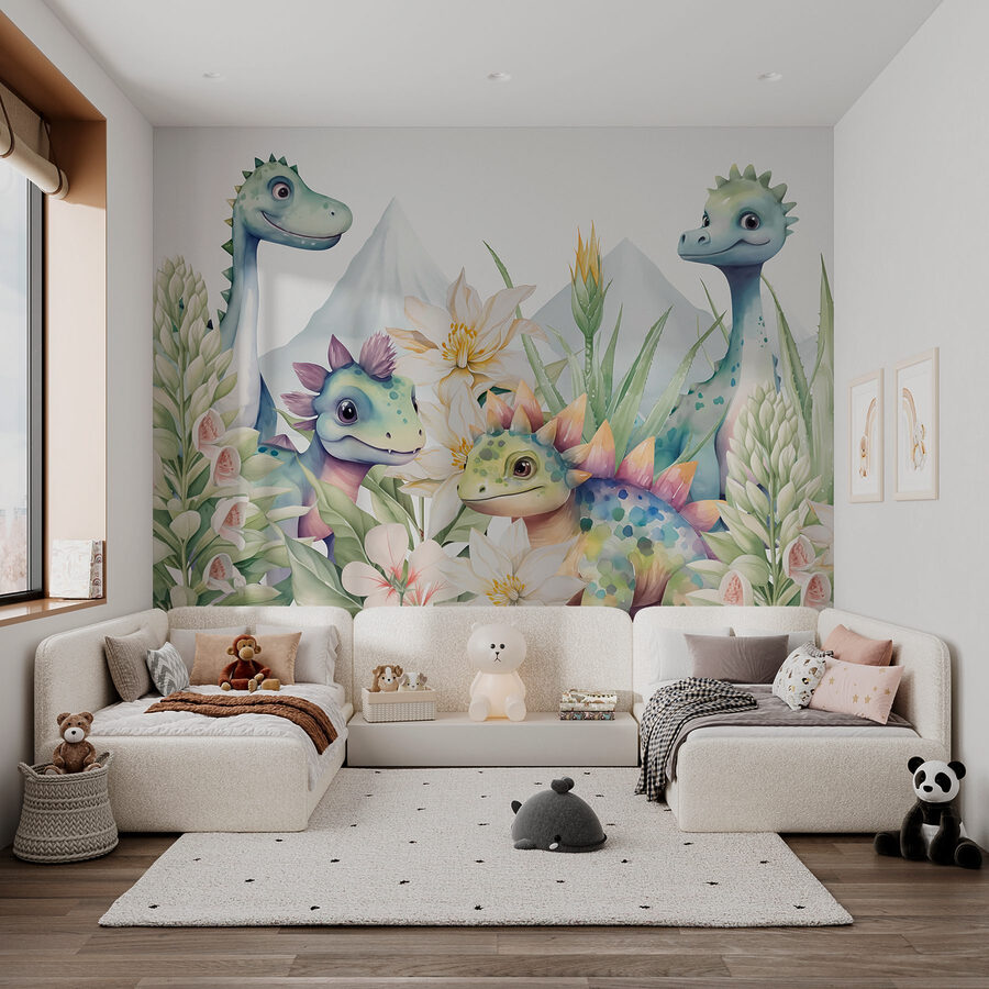Grupo de dinossauros rodeado de flores