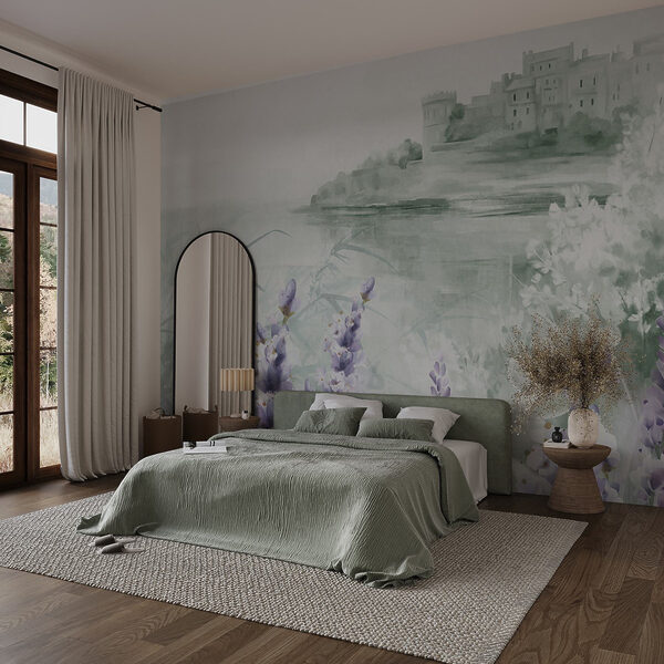 Pintura a aguarela de um castelo e flores Pintura a aguarela de um castelo e flores