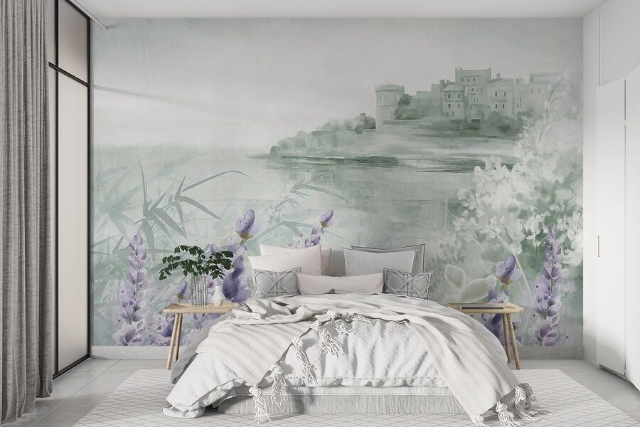 Pintura a aguarela de um castelo e flores Pintura a aguarela de um castelo e flores