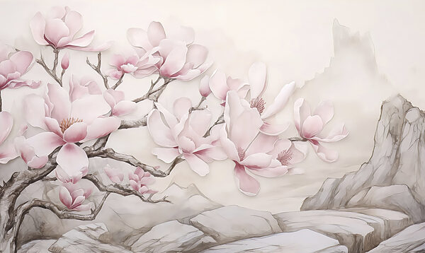 Pintura de uma árvore com flores cor-de-rosa Pintura de uma árvore com flores cor-de-rosa