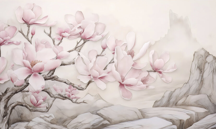 Pintura de uma árvore com flores cor-de-rosa Pintura de uma árvore com flores cor-de-rosa
