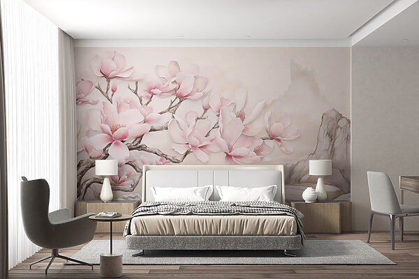 Pintura de uma árvore com flores cor-de-rosa Pintura de uma árvore com flores cor-de-rosa