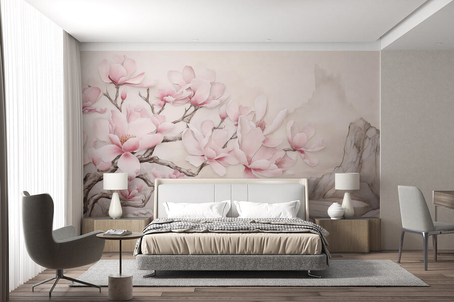 Pintura de uma árvore com flores cor-de-rosa Pintura de uma árvore com flores cor-de-rosa