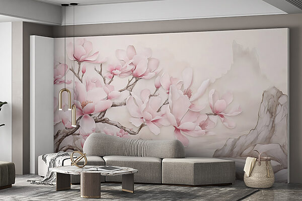 Pintura de uma árvore com flores cor-de-rosa Pintura de uma árvore com flores cor-de-rosa