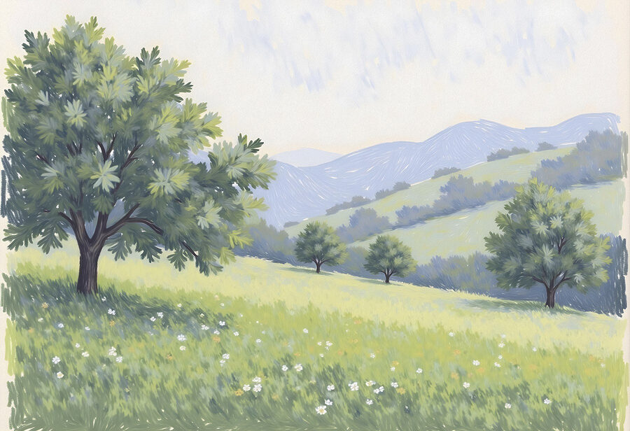 Paisagem com árvores e colinas