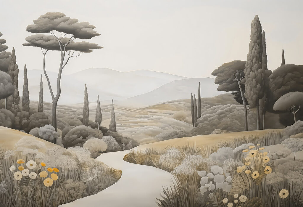 Paisagem com uma estrada sinuosa e árvores Paisagem com uma estrada sinuosa e árvores