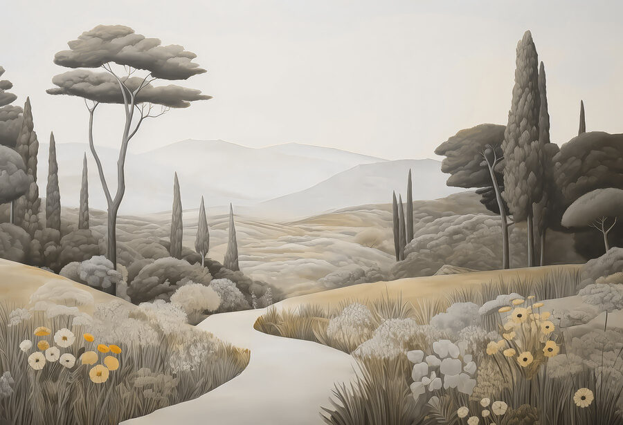 Paisagem com uma estrada sinuosa e árvores