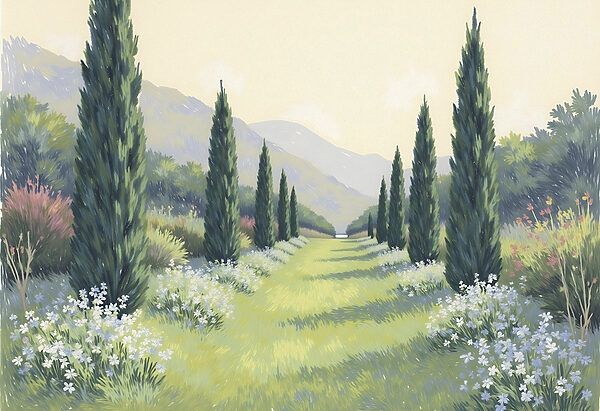 Pintura de uma paisagem com árvores e flores Pintura de uma paisagem com árvores e flores