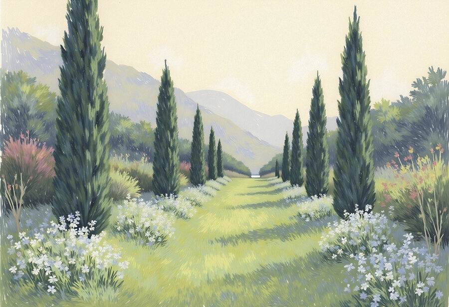 Pintura de uma paisagem com árvores e flores