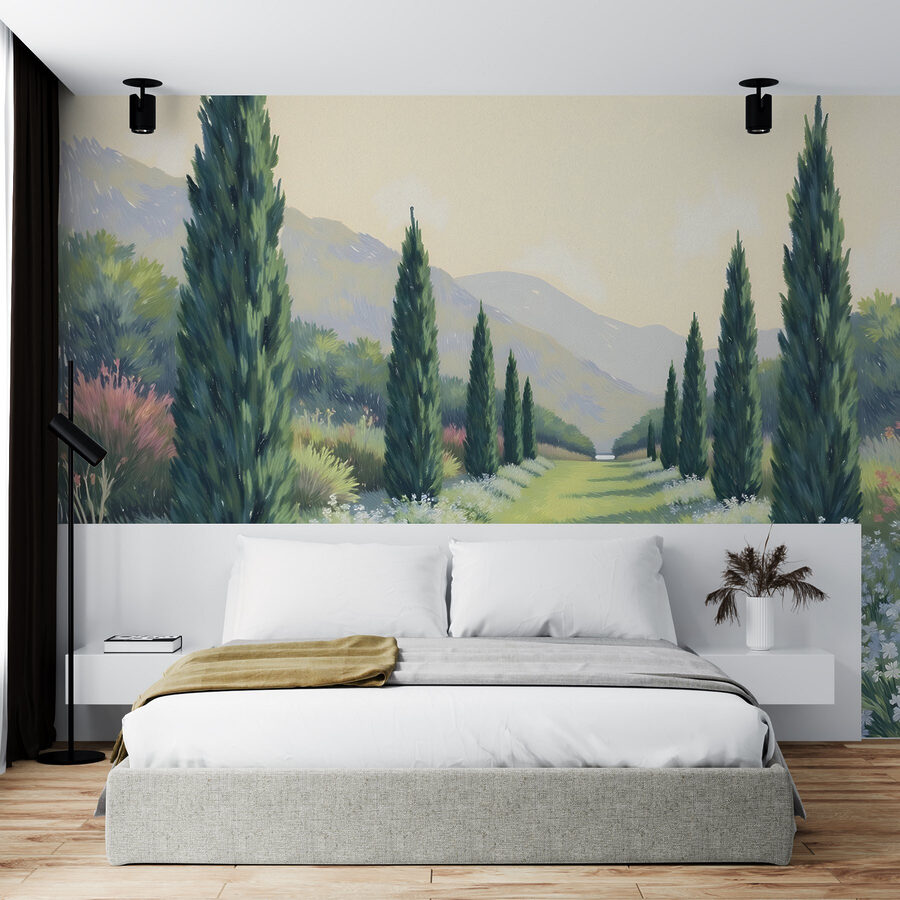 Pintura de uma paisagem com árvores e flores