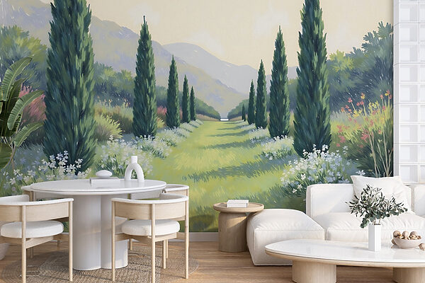 Pintura de uma paisagem com árvores e flores Pintura de uma paisagem com árvores e flores