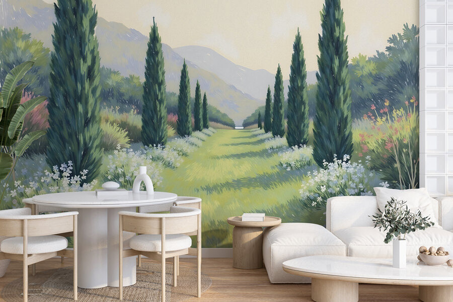 Pintura de uma paisagem com árvores e flores