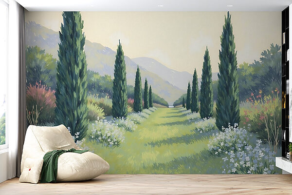 Pintura de uma paisagem com árvores e flores Pintura de uma paisagem com árvores e flores