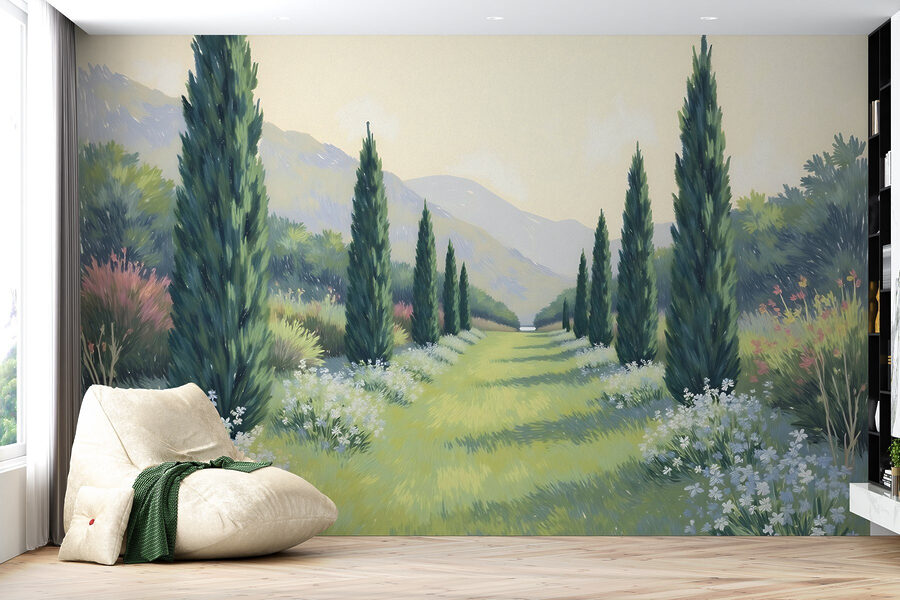 Pintura de uma paisagem com árvores e flores