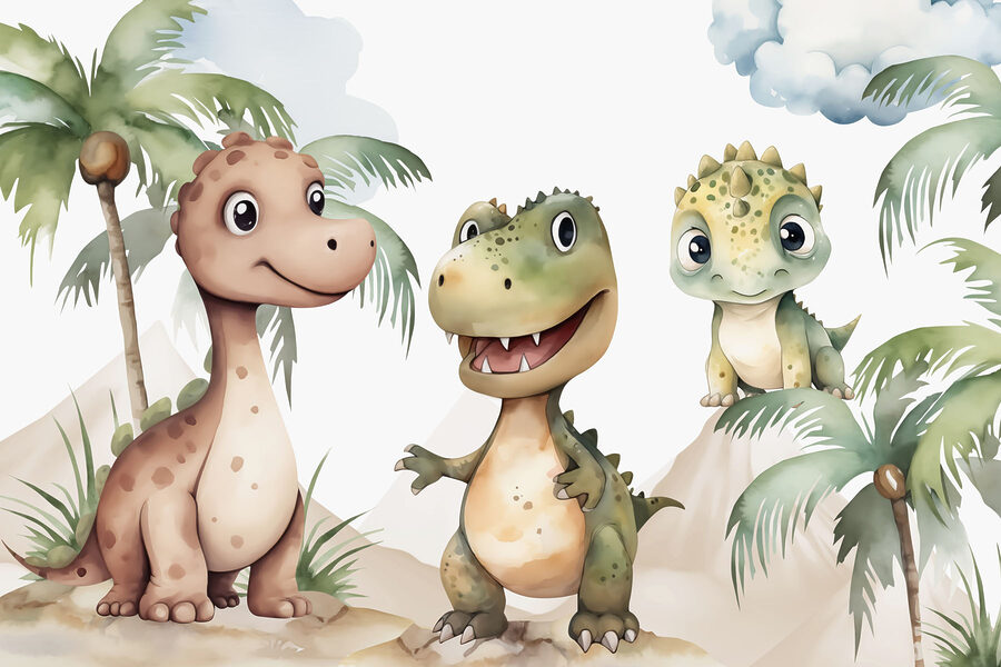 Grupo de dinossauros de pé sobre rochas