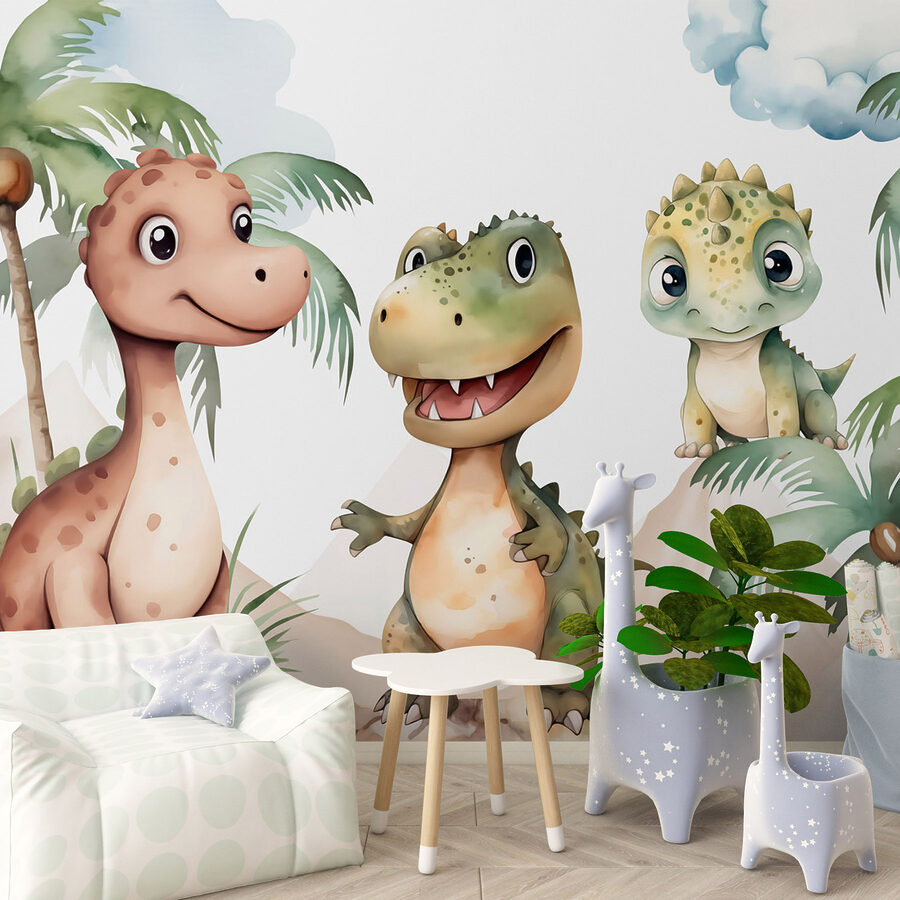 Grupo de dinossauros de pé sobre rochas