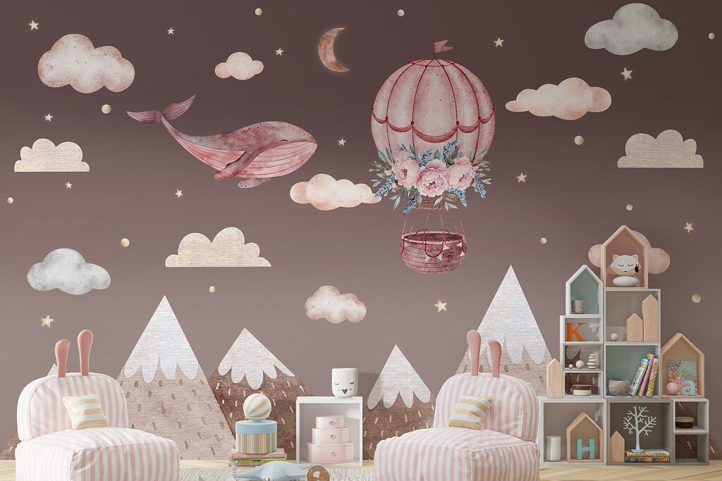 Whale and hot air balloon in the sky