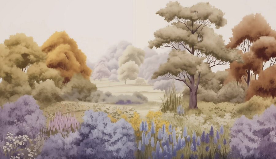 Paisagem com árvores e flores
