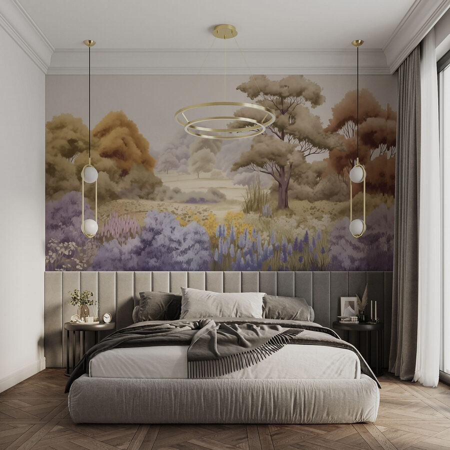 Paisagem com árvores e flores